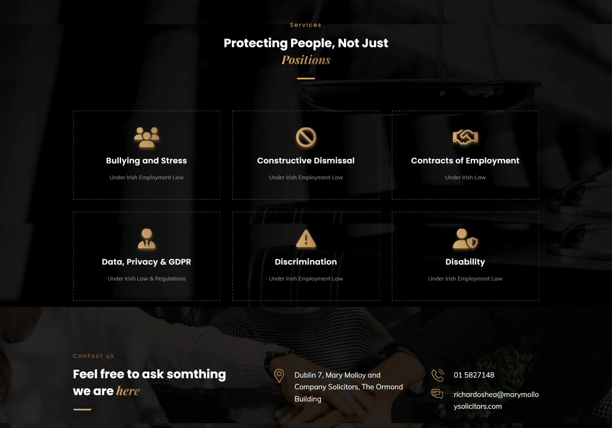 Practice areas section covering bullying, constructive dismissal, contracts of employment and more