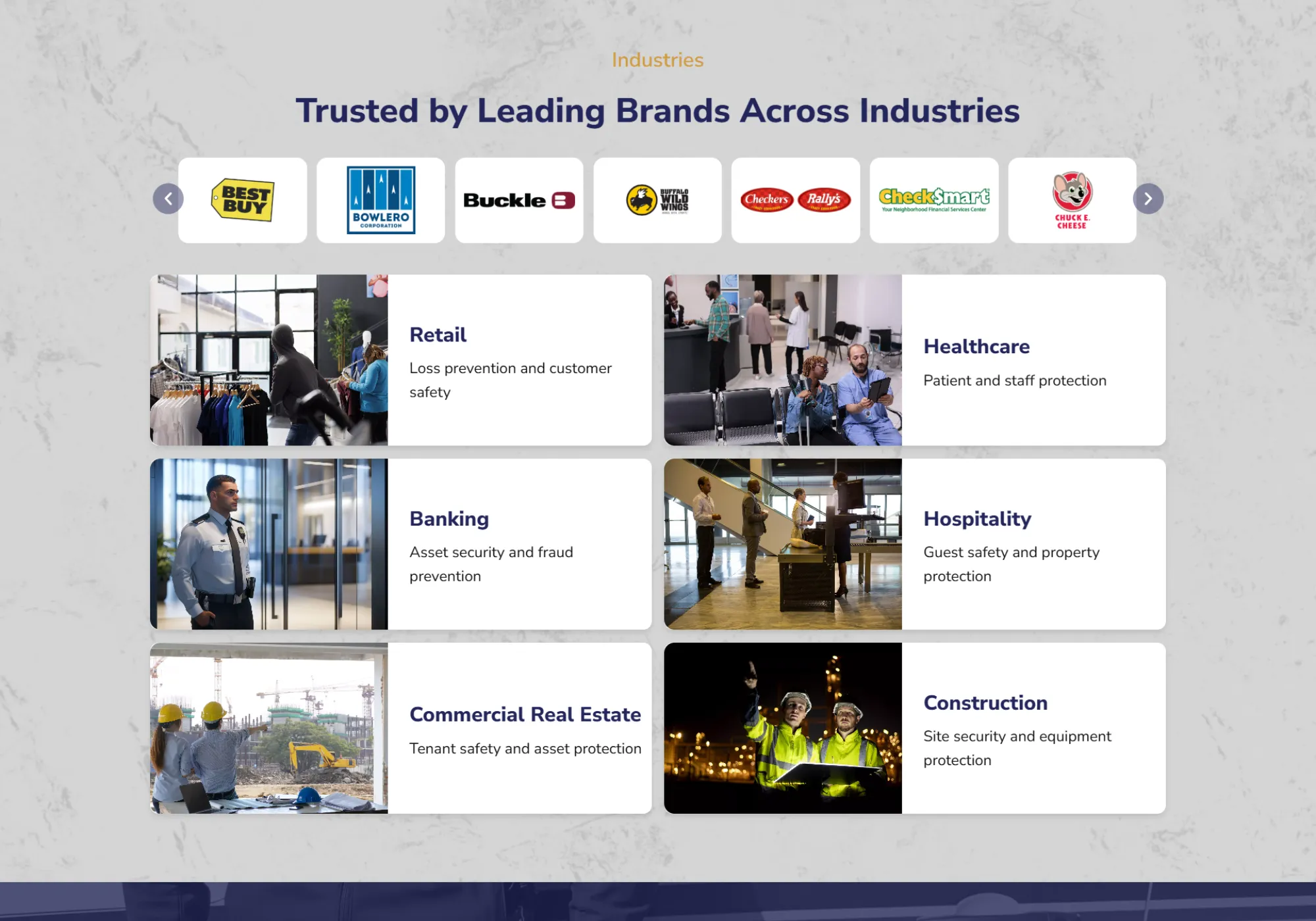 Industries section with client logos and sector cards for retail, healthcare, banking and more