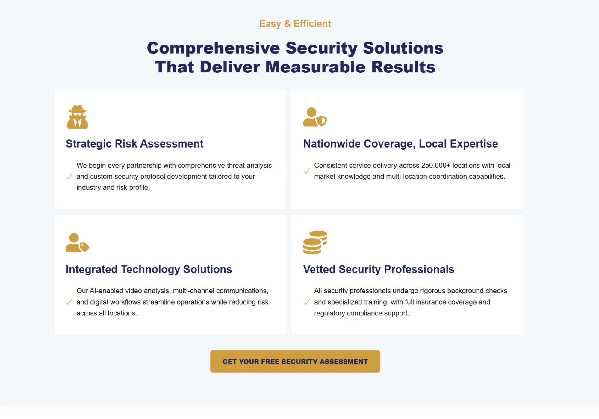 Security solutions page listing risk assessment, nationwide coverage and vetted professionals